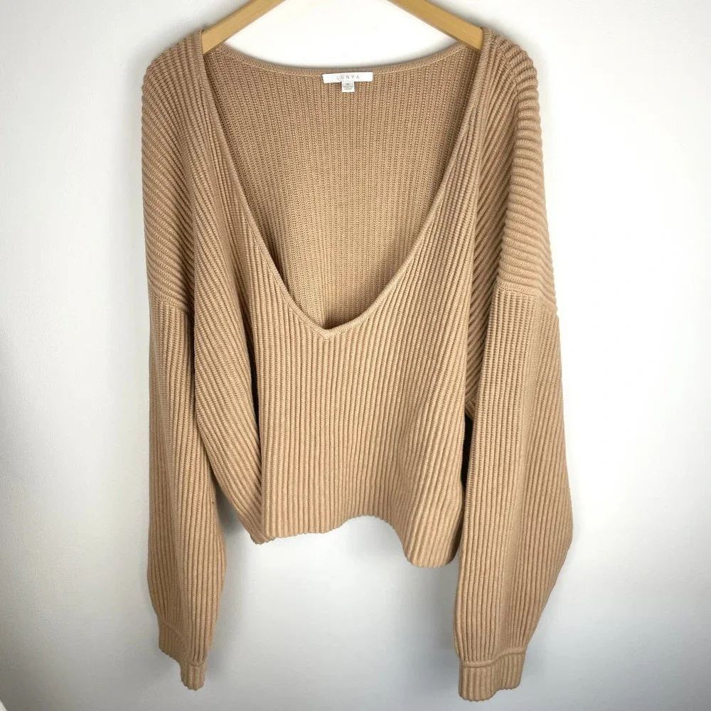 Lunya Cozy Cotton Silk Reversible Ribbed Pullover Sweater In Tranquil Tan XL New - Picture 5 of 16